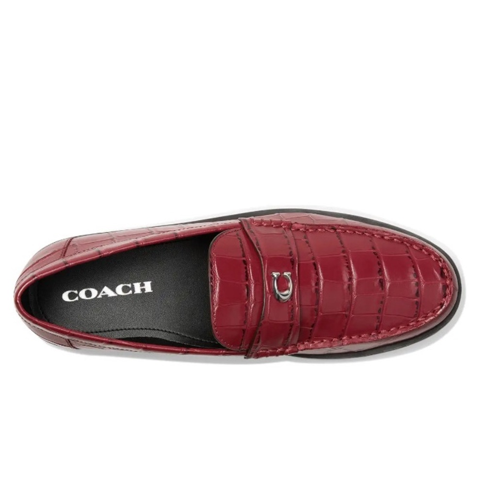 Coach Jocelyn Croc Embossed Dark Ruby Red Leather Slip On Penny Loafers Flats - Picture 3 of 13